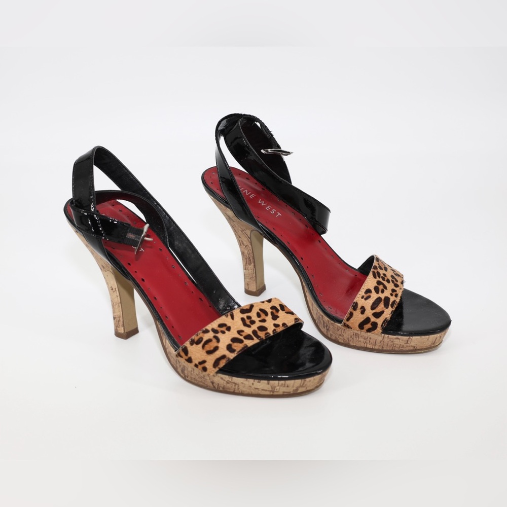 Nine West Black Patent & Leopard Cork Platform Heels